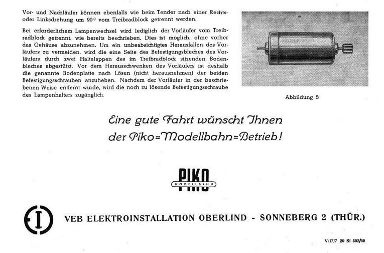 PIKO 23 001 Wagner-Leitbleche Deutsche Reichsbahn&nbsp; SAMMLERWERT ca. 70€ - 120€&nbsp; Baujahr: 1955
